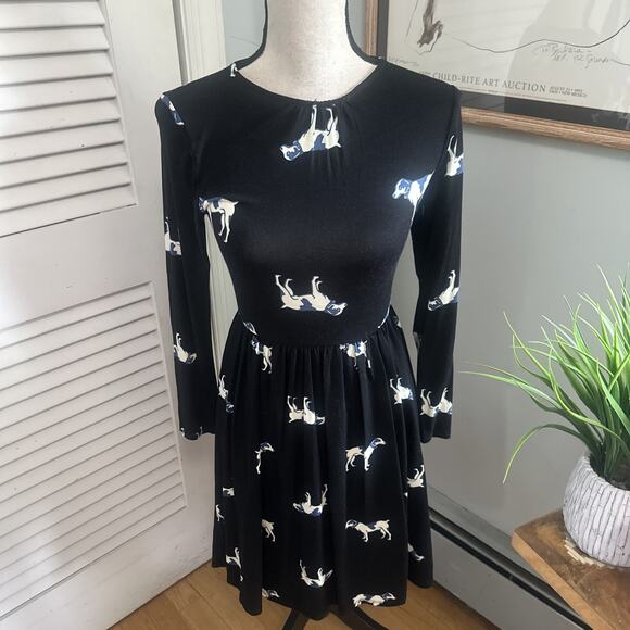 MODCLOTH Dress Womens XS Black Bird Dog Print Fit Flare Party Jersey Stretch - Picture 1 of 10
